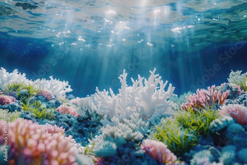 Colorful coral reef at the bottom of tropical sea  white finger coral  underwater landscape photo