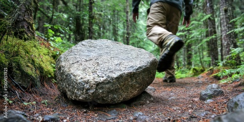 An individual stumbling over a loose stone while walking in a forest trail, showcasing a tripping hazard. photo