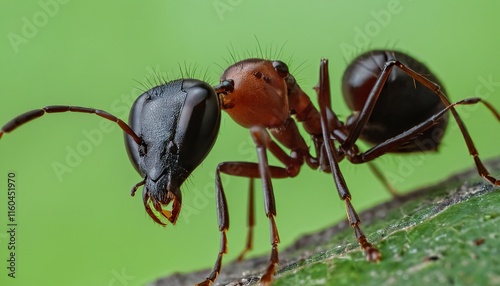 Close-up of a large black ant with reddish-brown head and thorax, standing on a green leaf. photo