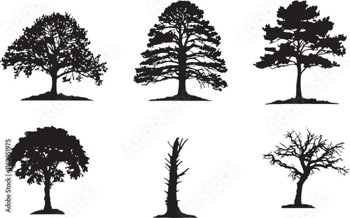 set of trees black silhouette vector, fall autumn trees 