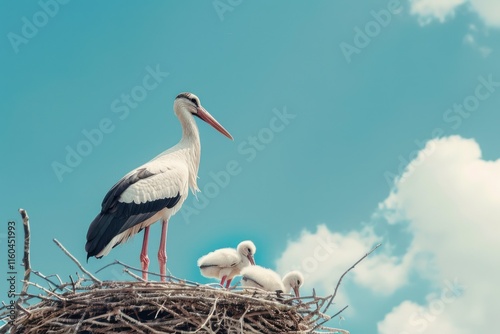 Stork on nest with three chicks under blue sky.