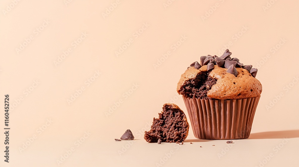 Close-up Photo: Deliciously Decadent Chocolate Chip Muffin Against a Soft Beige Background. AI Generated Close-up Photo: Deliciously Decadent Chocolate Chip Muffin Against a Soft Beige Background. AI Generated