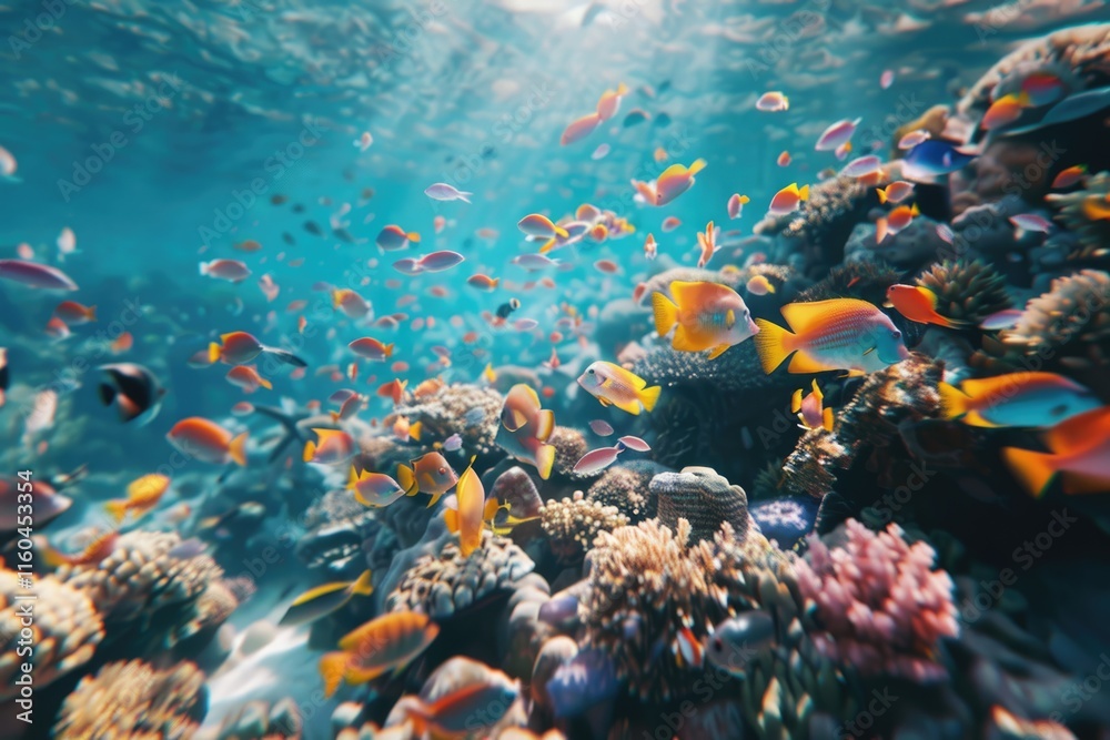 Naklejka premium Colorful tropical fish in coral reef aquarium exhibit.