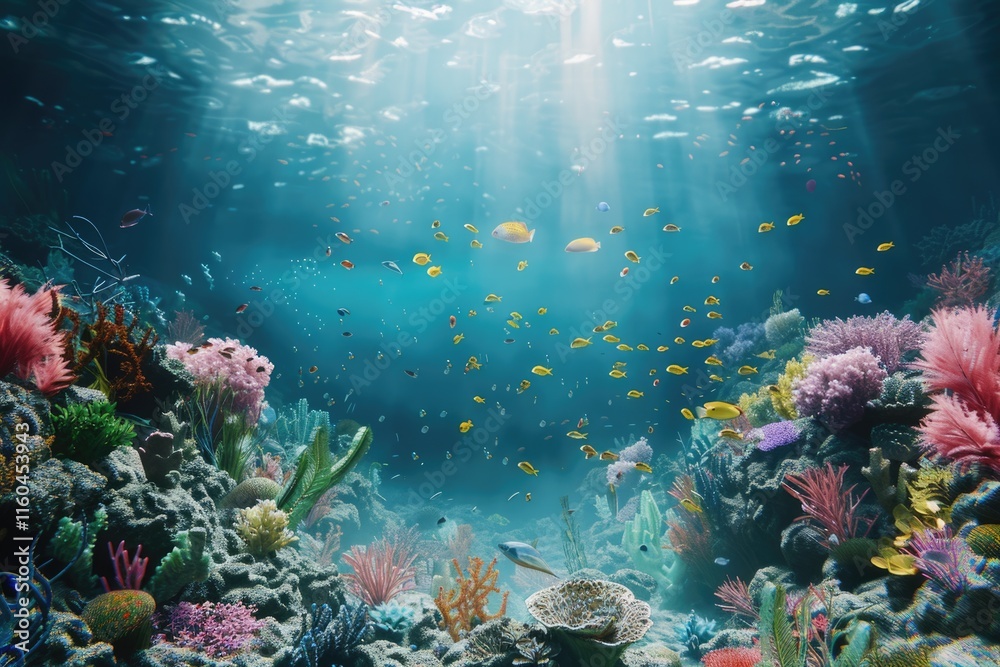 Naklejka premium Underwater Diving Tropical Scene With Sea Life In The Reef