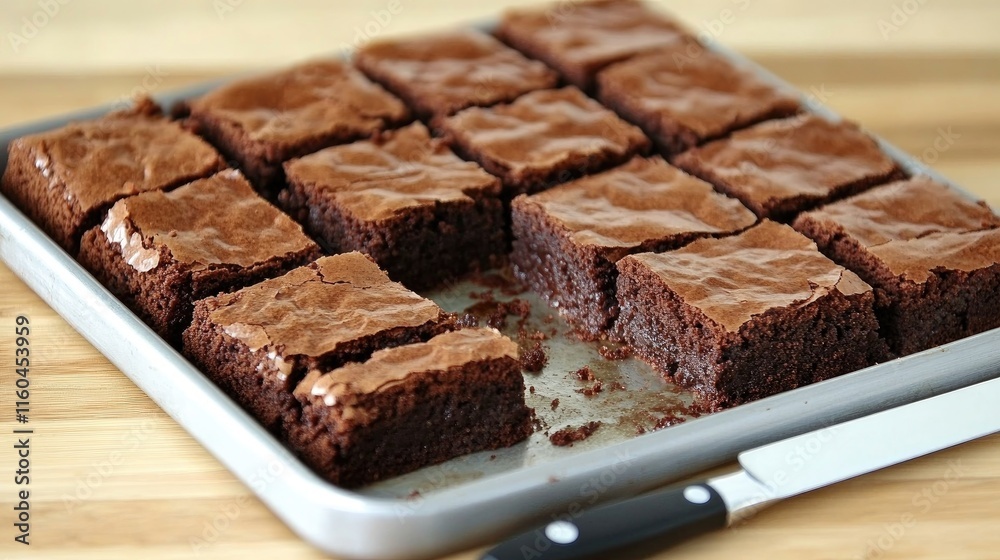 Freshly Baked Brownie Squares on a Silver Baking Tray Freshly Baked Brownie Squares on a Silver Baking Tray