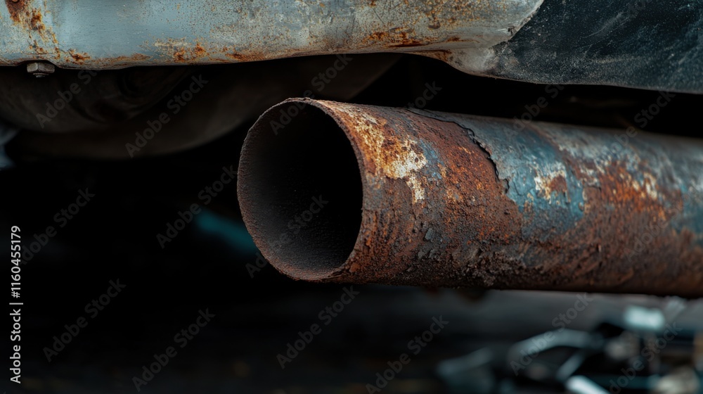 Close-up of a damaged tailpipe. Featuring rust and dents Close-up of a damaged tailpipe. Featuring rust and dents