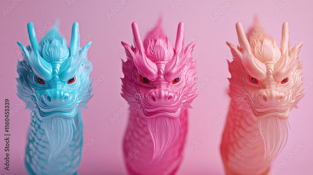 Fototapeta premium Pastel Dragons on Pink Background