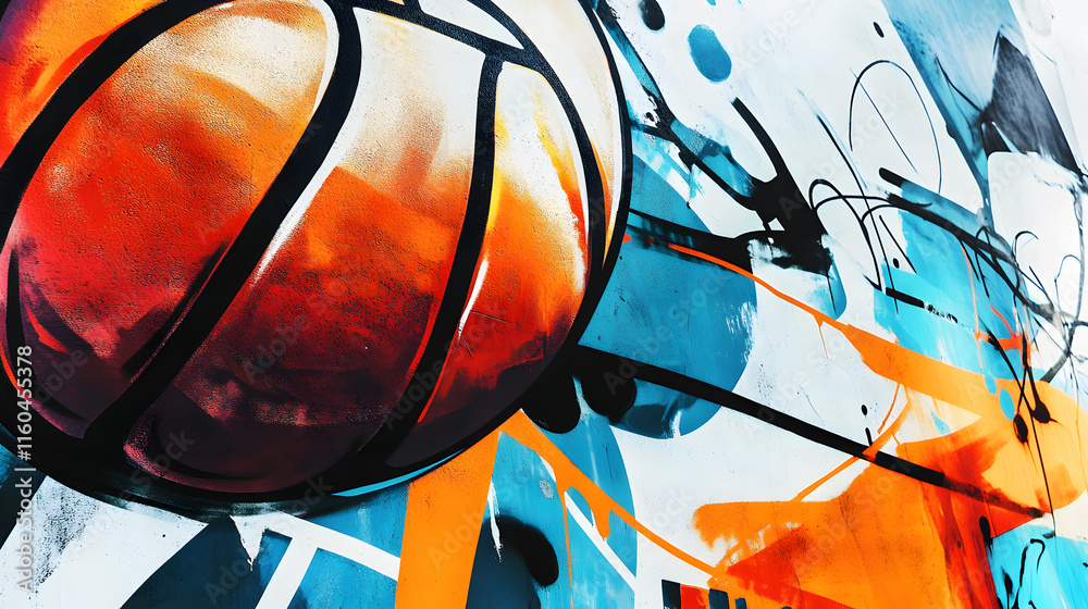 Fototapeta premium Graffiti-style basketball mural with abstract shapes and vibrant colors, featuring a basketball in the foreground and urban street art aesthetic