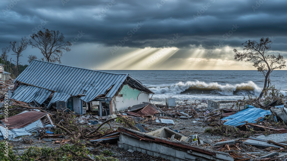 A shattered coastal town with storm clouds and faint sunlight, symbolizing devastation and resilience after a hurricane. A shattered coastal town with storm clouds and faint sunlight, symbolizing devastation and resilience after a hurricane.