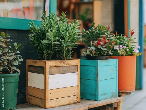 Rustic wooden container cosmetic boutique, surrounded by potted plants, vintage signage, cozy smalltown setting, warm sunset atmosphere photo