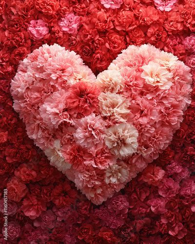 A breathtaking floral wall bursting with pink and red carnations, perfectly arranged in the shape of a heart. This enchanting backdrop is ideal for Valentine's Day celebrations or romantic events.