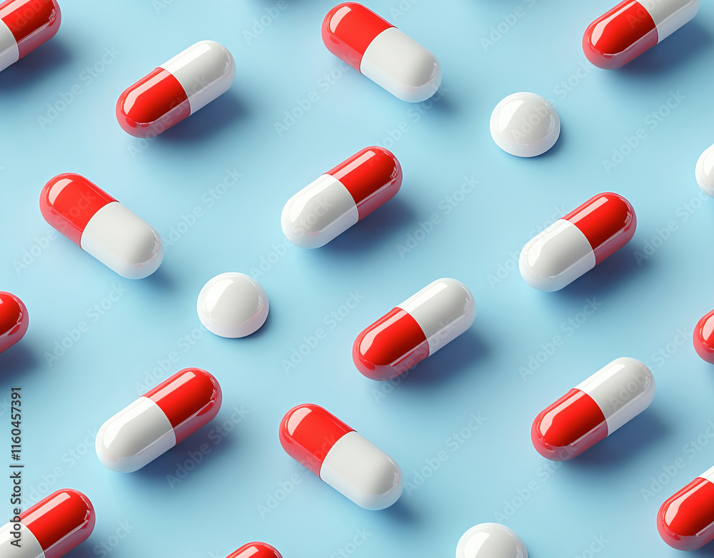 A pattern of red and white pills arranged in an isometric perspective on a bright blue background, offering a modern and minimalistic aesthetic. A pattern of red and white pills arranged in an isometric perspective on a bright blue background, offering a modern and minimalistic aesthetic.