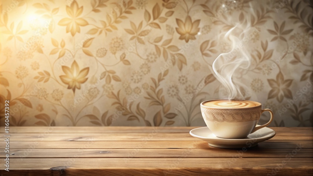 Aromatic Steam Rising from a Warm Cup of Coffee on Wooden Table Against a Floral Background Aromatic Steam Rising from a Warm Cup of Coffee on Wooden Table Against a Floral Background