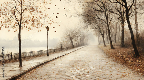 A nostalgic autumn landscape with soft, sepia tones highlighting bare trees and scattered leaves on a cobblestone path 