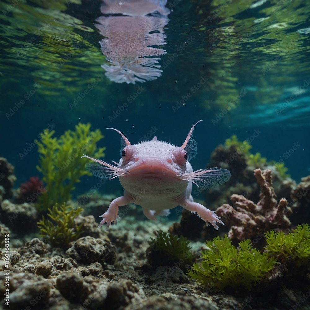 Fototapeta premium An axolotl swimming gracefully in an underwater garden.