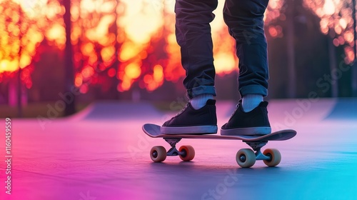 Skater in motion under the colorful lights of an urban park at night, showcasing creativity and vitality, anticipation, hope, energy