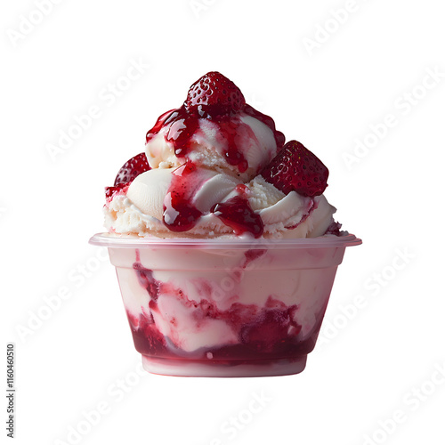 A plastic bowl of ice cream with strawberries on white background
