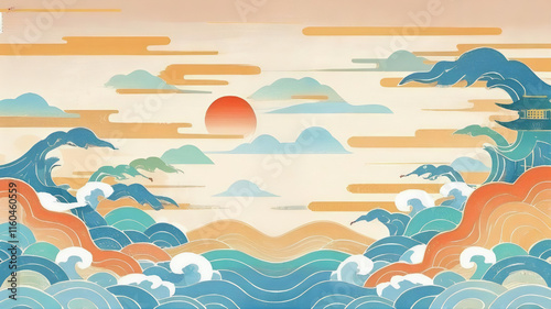 a painting of waves and sun
