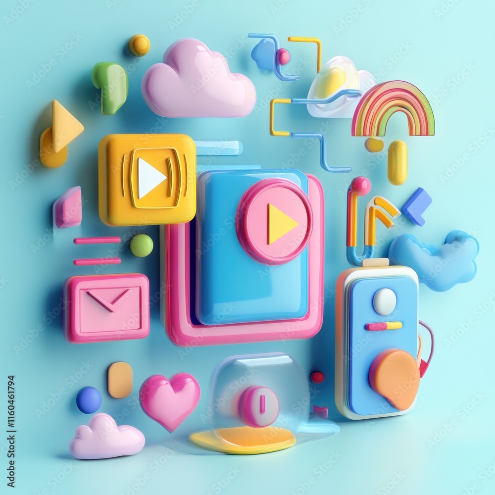 Colorful 3D render of media icons and playful shapes. Colorful 3D render of media icons and playful shapes.