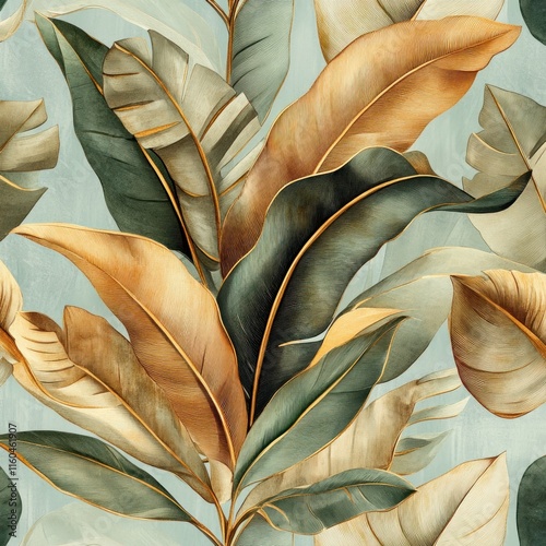 Elegant gold and green tropical leaf seamless pattern.