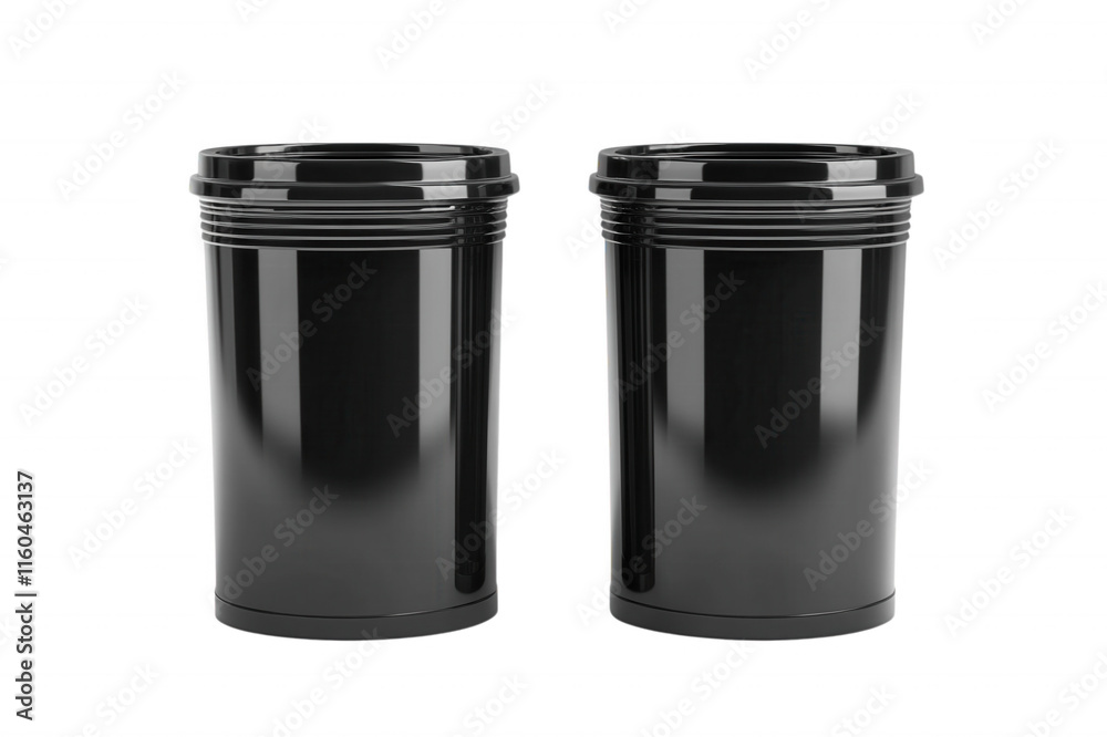 Two black containers with lids, ideal for storage or packaging, isolated on transparent or white background Two black containers with lids, ideal for storage or packaging, isolated on transparent or white background