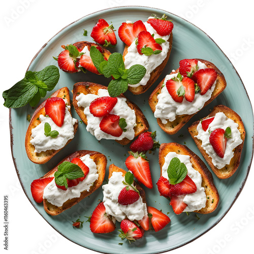 Bruschettas with ricotta cheese, chopped strawberries and mint on color plate, a top view isolated on a transparent background