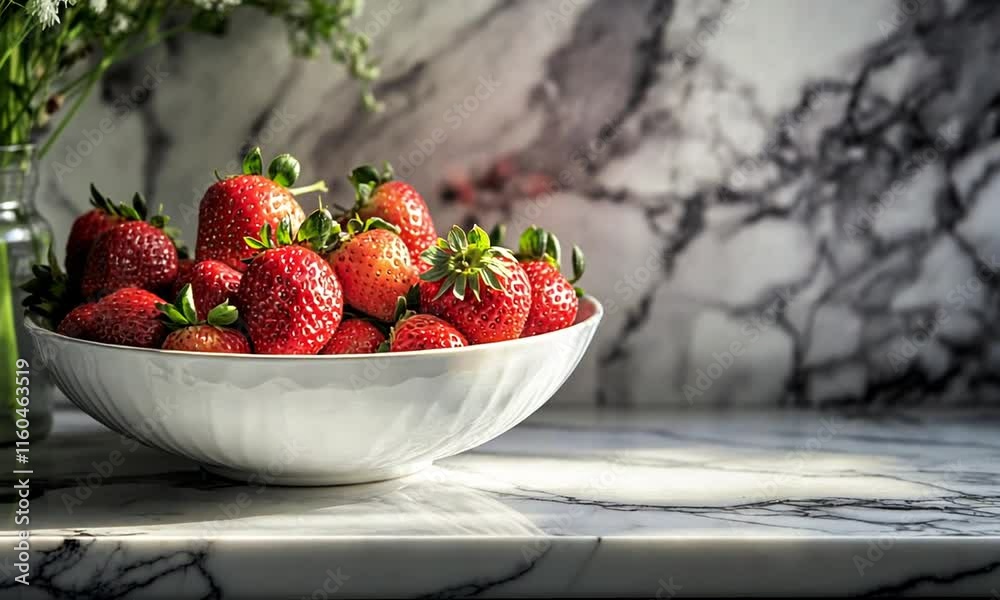 A bowl of fresh strawberries on a marble countertop, highlighting vibrant colors and textures.