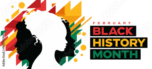 Black History Month text design isolated on white background, poster, card, banner, print, flyer, vector illustration for African American History Month, silhouettes of African men & women 