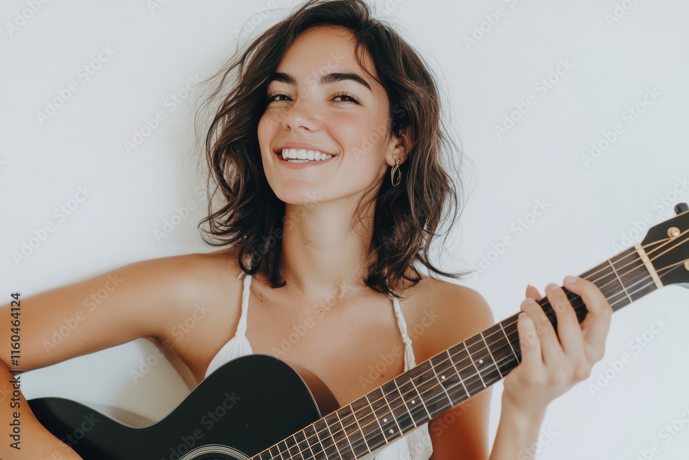 smiling woman with wavy brown hair plays an acoustic guitar, radiating a relaxed and joyful mood. She wears a simple white shirt, creating a casual, warm atmosphere. smiling woman with wavy brown hair plays an acoustic guitar, radiating a relaxed and joyful mood. She wears a simple white shirt, creating a casual, warm atmosphere.