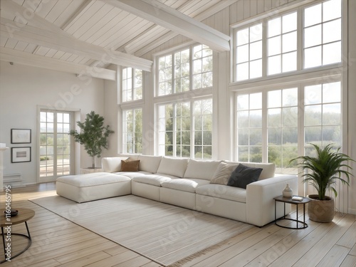Minimalist, scandinavian home interior design of modern living room with oversized white sectional sofa in spacious room with large windows.