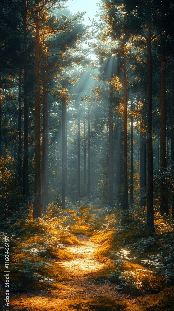 Obraz premium Sunbeams Illuminating a Forest Path
