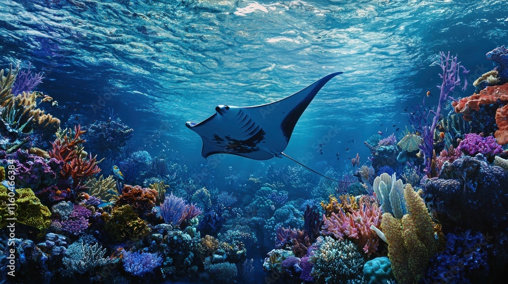 Fototapeta premium Manta Ray Gracefully Soaring Above Vibrant Coral Reef