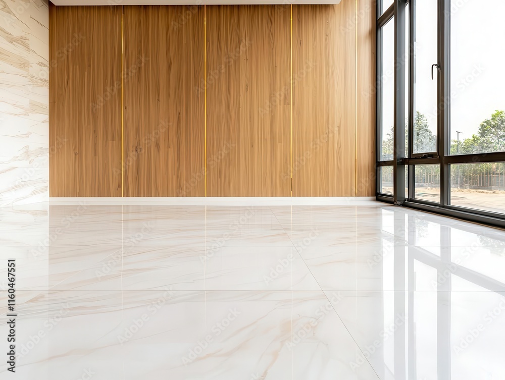 Fototapeta premium Executive office with polished marble flooring and wooden paneling under construction, glass doors being installed, soft evening glow