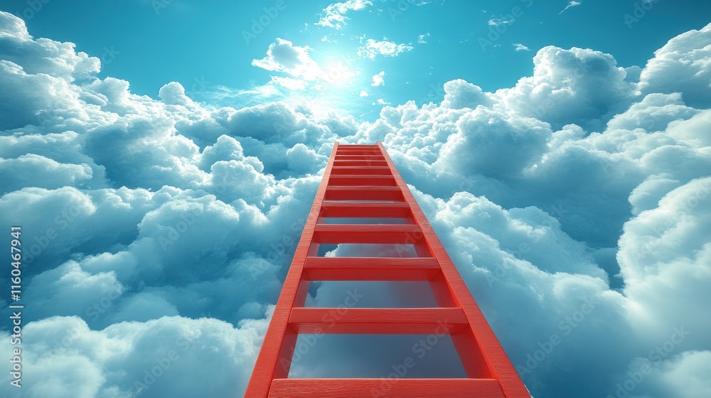 Red ladder ascending to bright sun through fluffy clouds. Red ladder ascending to bright sun through fluffy clouds.