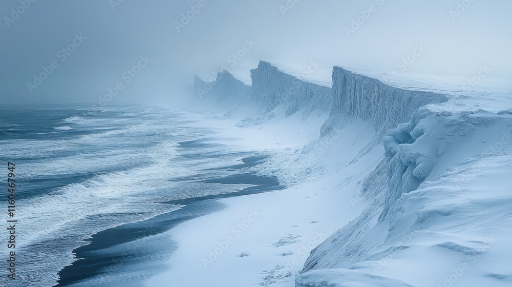 Snowy cliffs meet a stormy ocean. Snowy cliffs meet a stormy ocean.