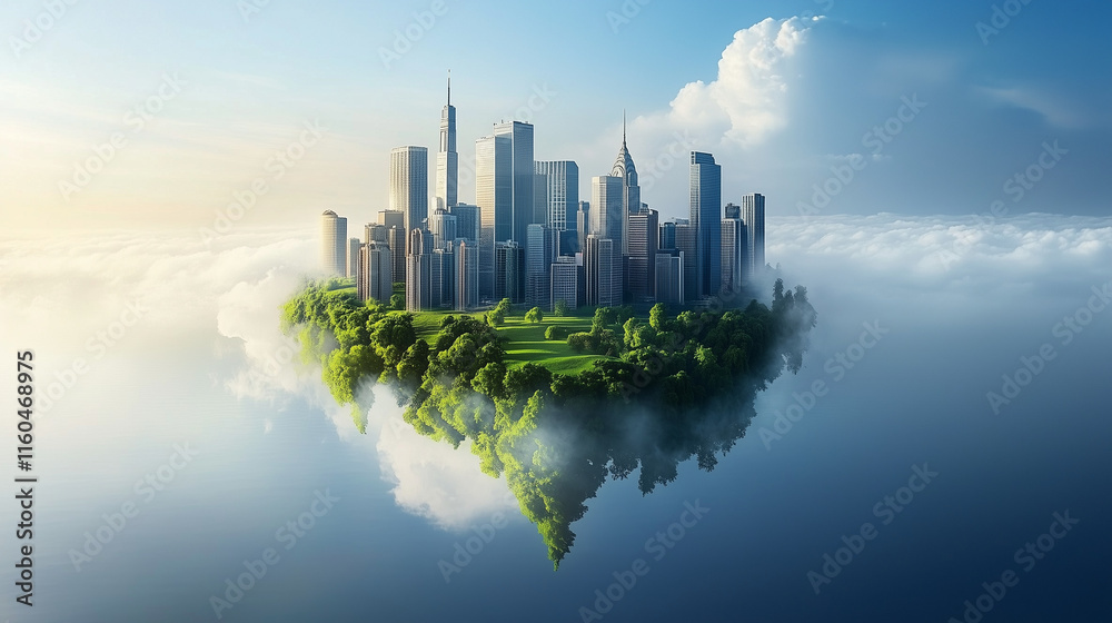 Fototapeta premium A futuristic cityscape floating above clouds, surrounded by lush greenery, showcasing a blend of nature and modern architecture.