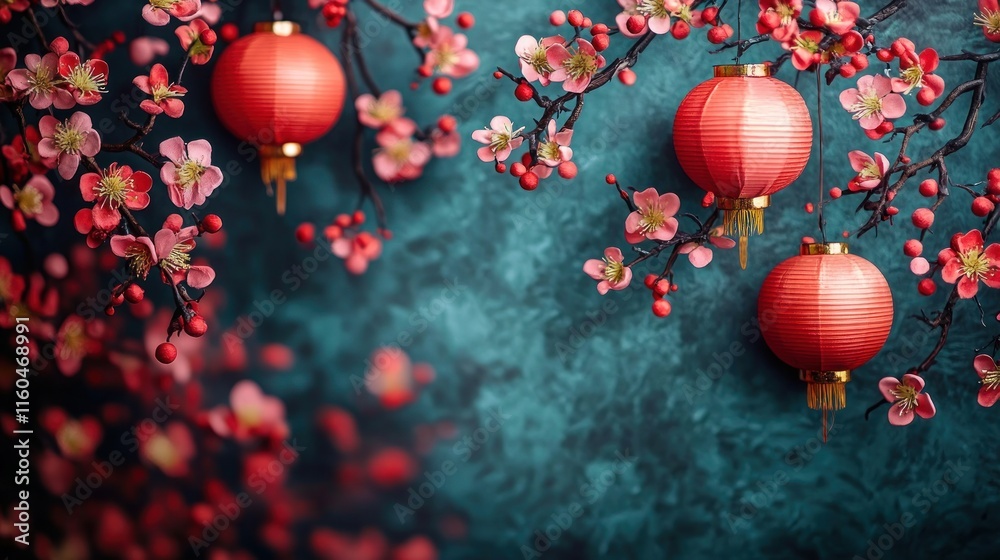 Fototapeta premium Red lanterns and plum blossoms on teal background.