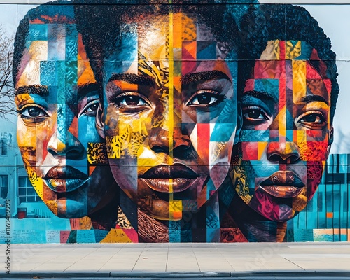 Vibrant mural featuring three powerful faces, showcasing a blend of colors and cultural influences, reflecting diversity and artistic expression in urban art. photo