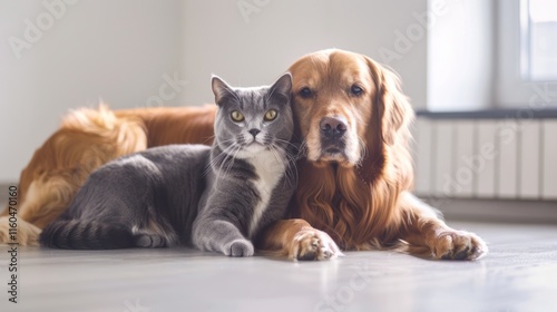 Wallpaper Mural Golden retriever and grey cat are relaxing together on the floor. Torontodigital.ca