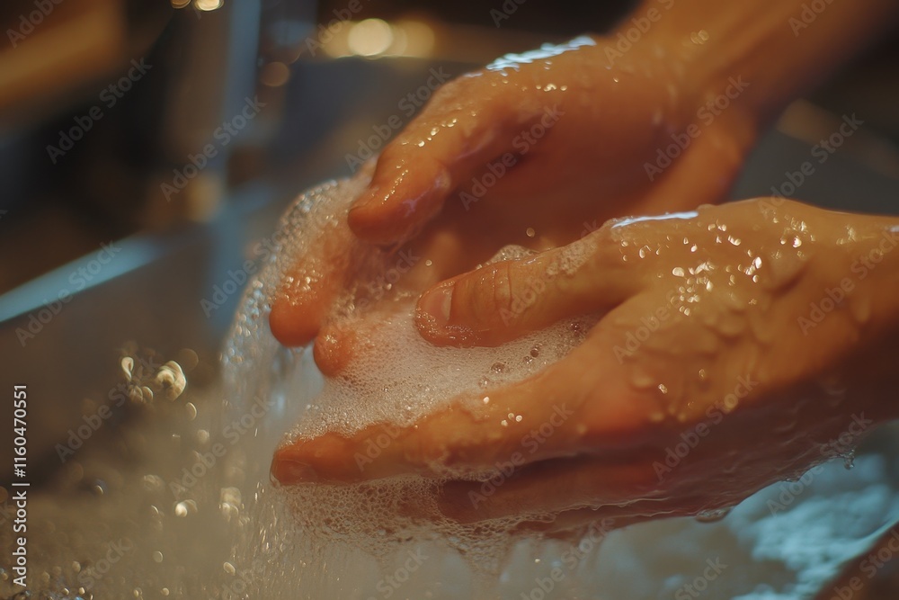 Fototapeta premium Close-up of hands washing with soap and water. Illustrates hygiene, cleanliness, and health.
