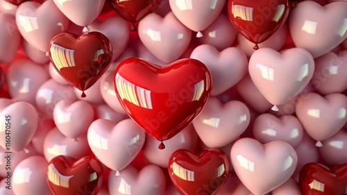 Pink and red helium balloons transition on a green screen chroma key background. Valentines day motion graphics. Animated romantic heart balloon overlay template for transitioning between videos.