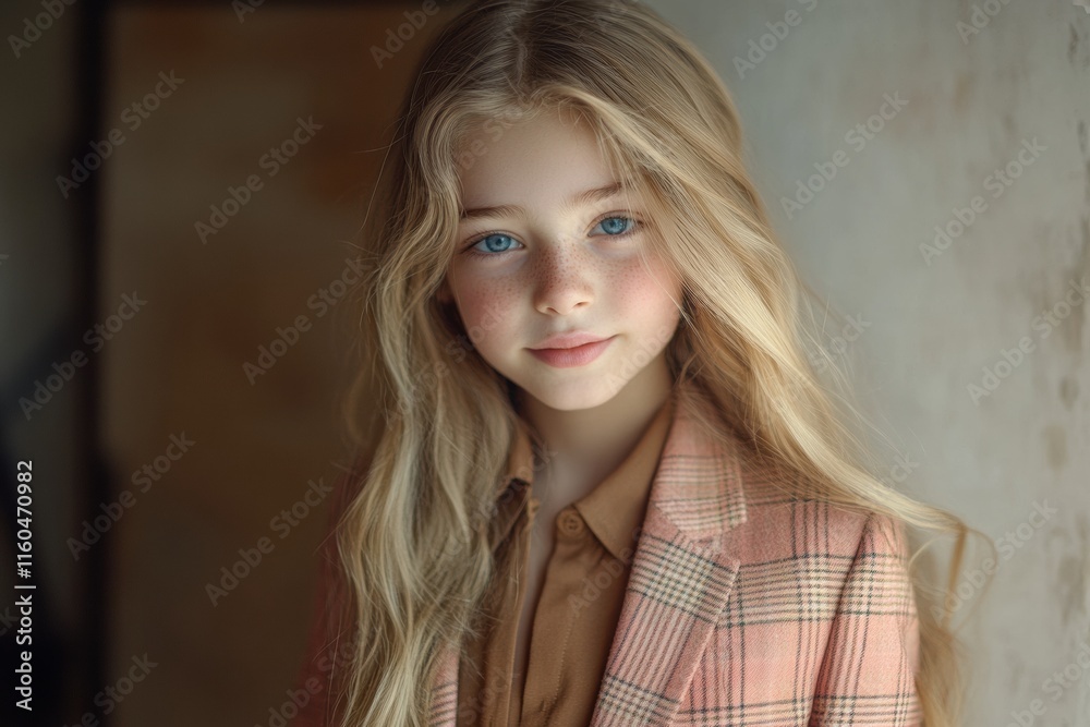 A young girl with long, blonde hair and bright blue eyes smiles softly, wearing a stylish plaid blazer. Her expression and attire create a charming, timeless look against a blurred background. A young girl with long, blonde hair and bright blue eyes smiles softly, wearing a stylish plaid blazer. Her expression and attire create a charming, timeless look against a blurred background.