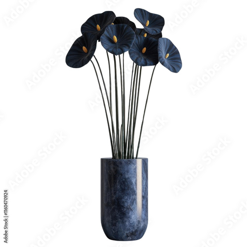 Black flowers in marble vase, white background photo