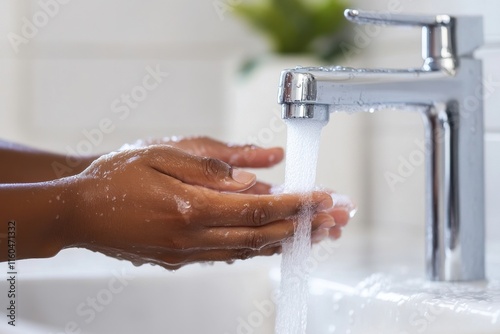 Dark-skinned hands washing under a chrome tap. Cleanliness, hygiene, and health are emphasized.