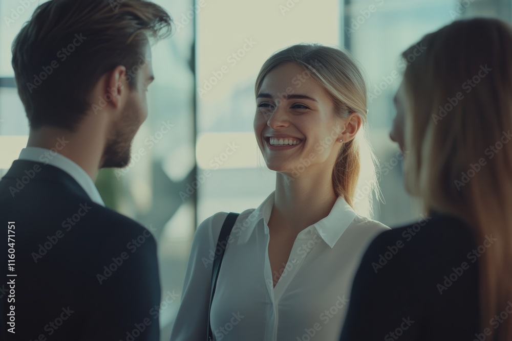 young woman with a confident smile interacts with professionals at a networking event, embodying openness and a strong networking purpose. young woman with a confident smile interacts with professionals at a networking event, embodying openness and a strong networking purpose.