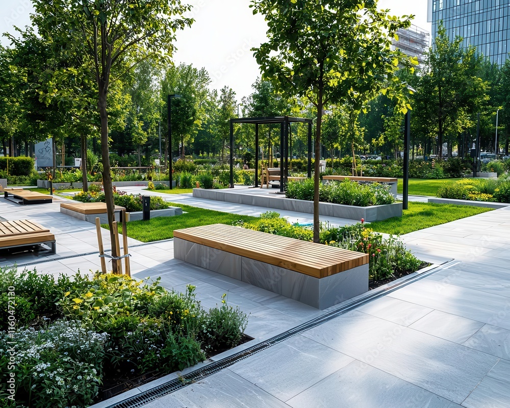 Obraz premium Modern garden under construction, stone paving and wooden benches being installed, tools scattered, urban park, bright afternoon