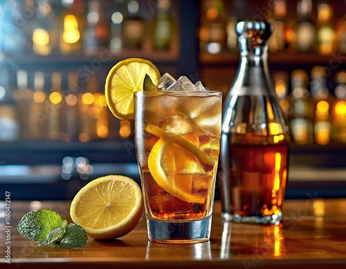 Un coctail preparado con licor, hielo y limon sobre la barra de un bar cocteleria