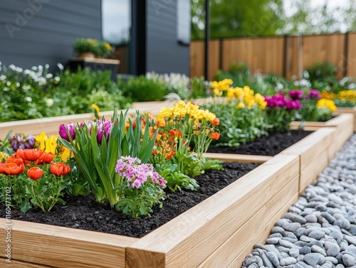 Wallpaper Mural Large outdoor garden with flower beds being shaped, stone pavers and wooden frames, suburban neighborhood, bright afternoon sun Torontodigital.ca