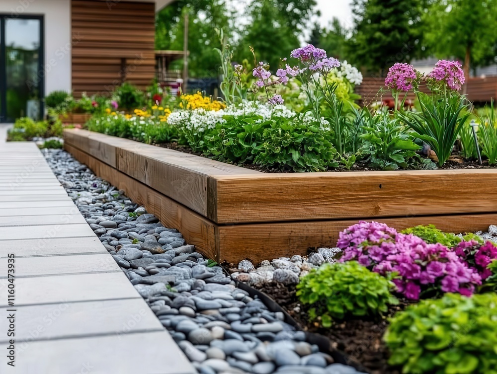 Large outdoor garden with flower beds being shaped, stone pavers and wooden frames, suburban neighborhood, bright afternoon sun Large outdoor garden with flower beds being shaped, stone pavers and wooden frames, suburban neighborhood, bright afternoon sun