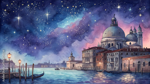 Magical watercolor painting of a Venetian night sky, starry and captivating Carnival scene with copy space